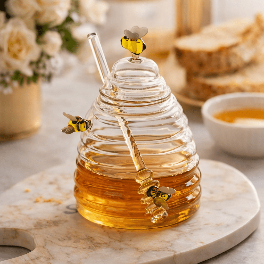 Nordic Hive Honey Jar – Modern Glass Honey Container with Lid
