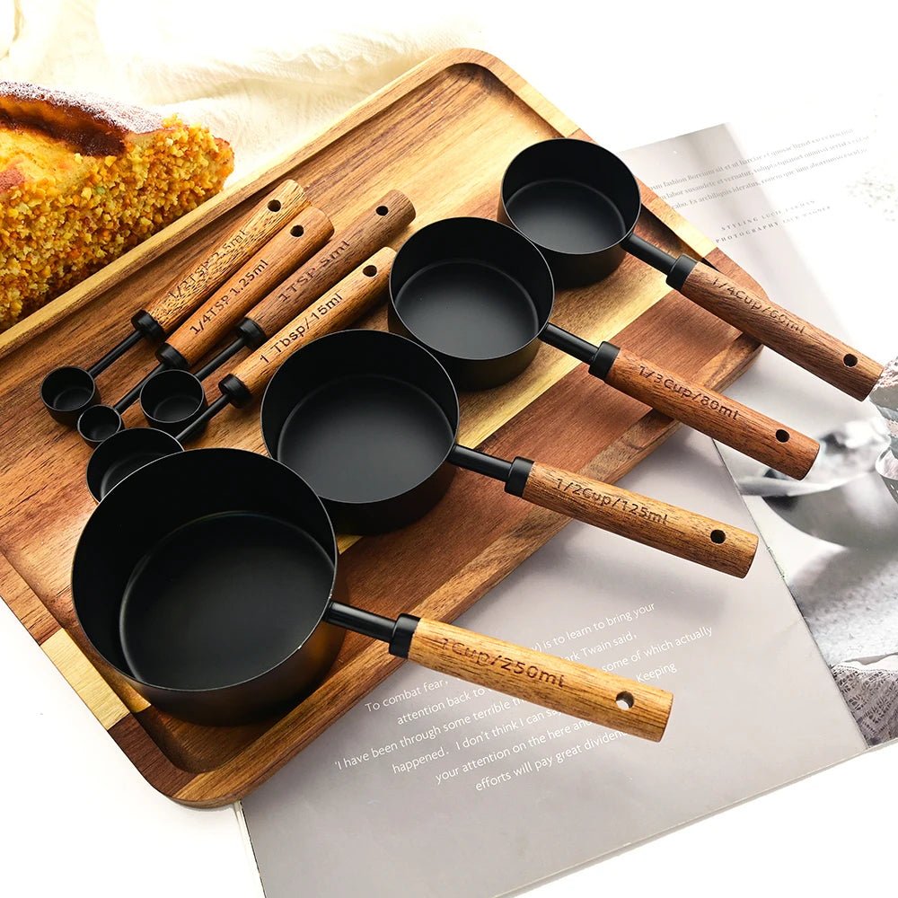 Walnut Wooden Measuring Set with Black Stainless Steel (8 Piece Set) - Urban Jiko