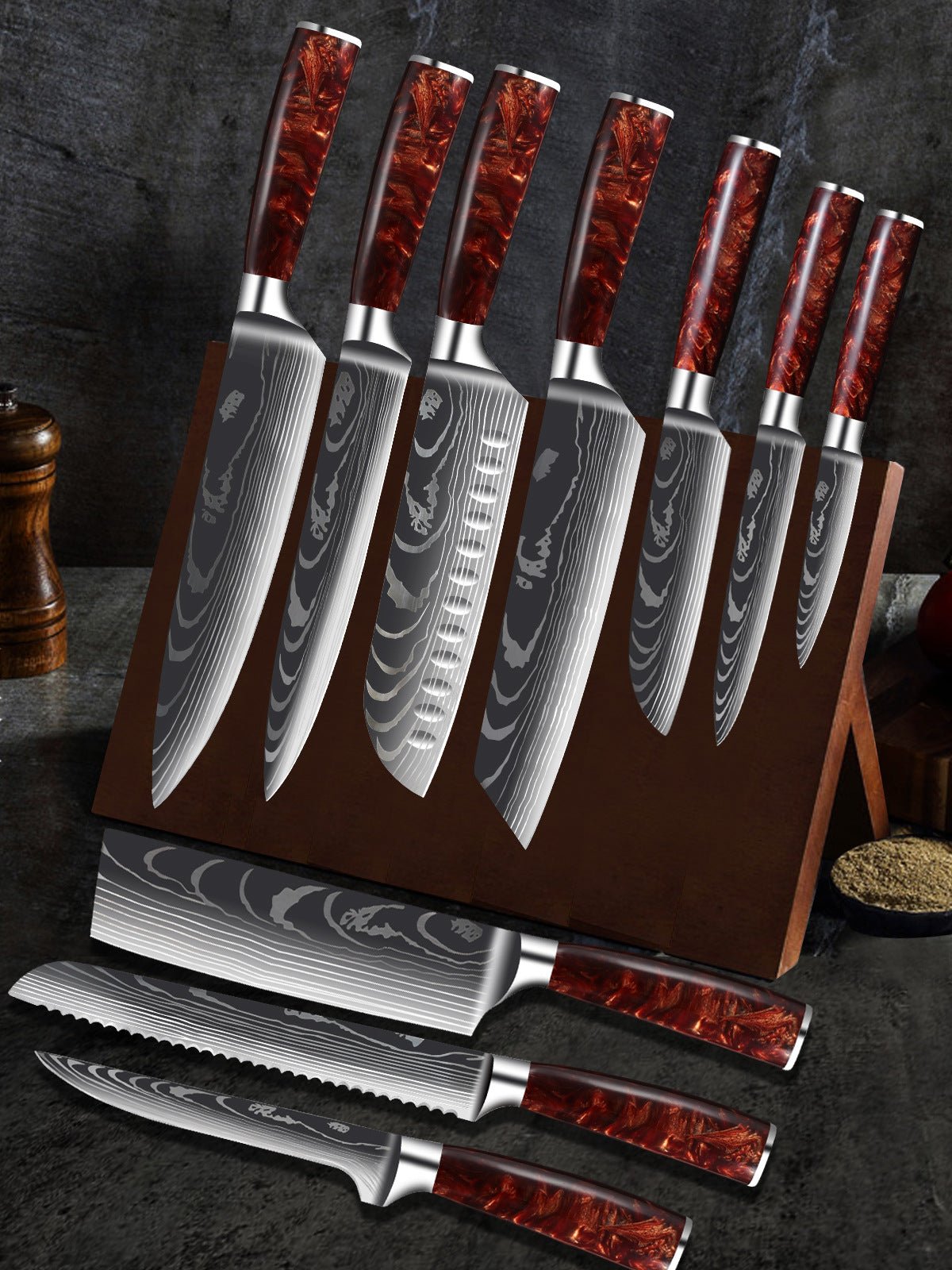 10 - Piece Red Handle Damascus Knife Set - Urban Jiko
