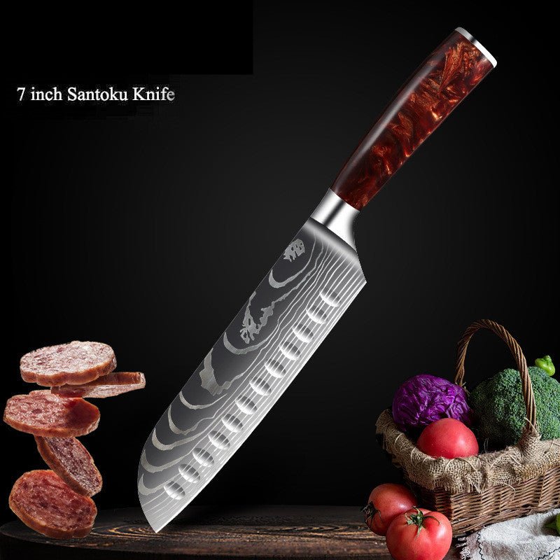 10 - Piece Red Handle Damascus Knife Set - Urban Jiko