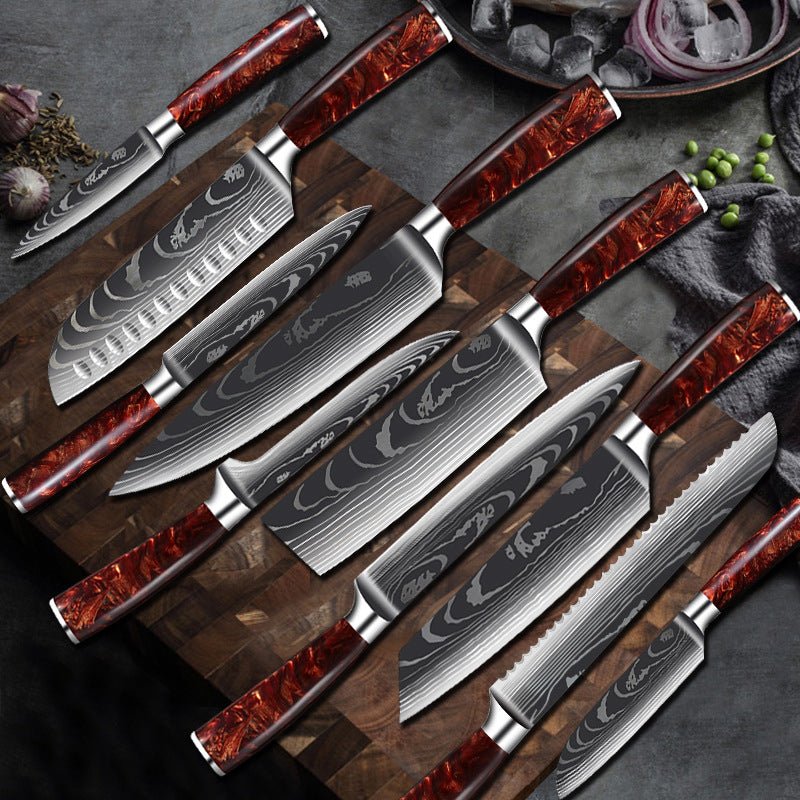 10 - Piece Red Handle Damascus Knife Set - Urban Jiko