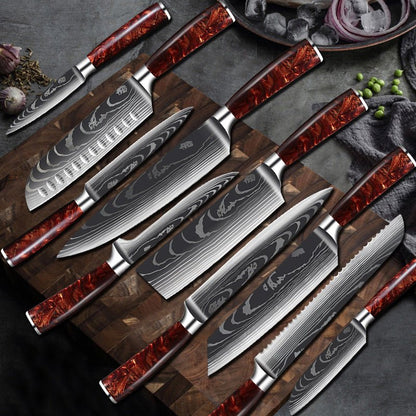 10 - Piece Red Handle Damascus Knife Set - Urban Jiko