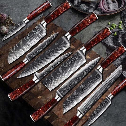 10 - Piece Red Handle Damascus Knife Set - Urban Jiko