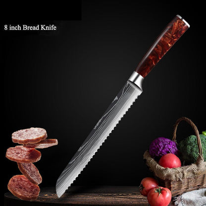 10 - Piece Red Handle Damascus Knife Set - Urban Jiko