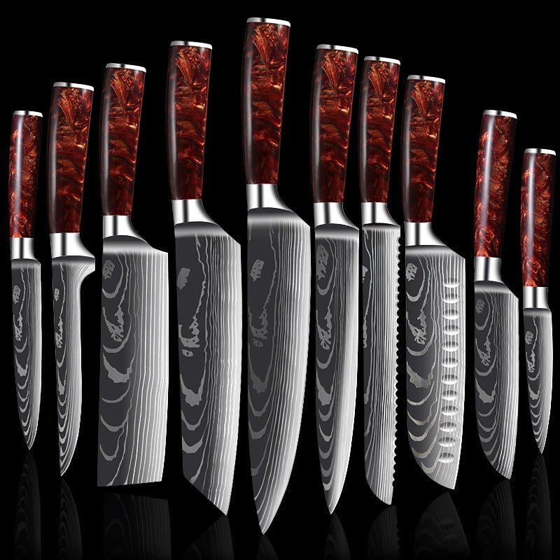 10 - Piece Red Handle Damascus Knife Set - Urban Jiko