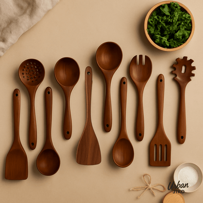 10 - Piece Teak Wooden Utensil Set - Urban Jiko