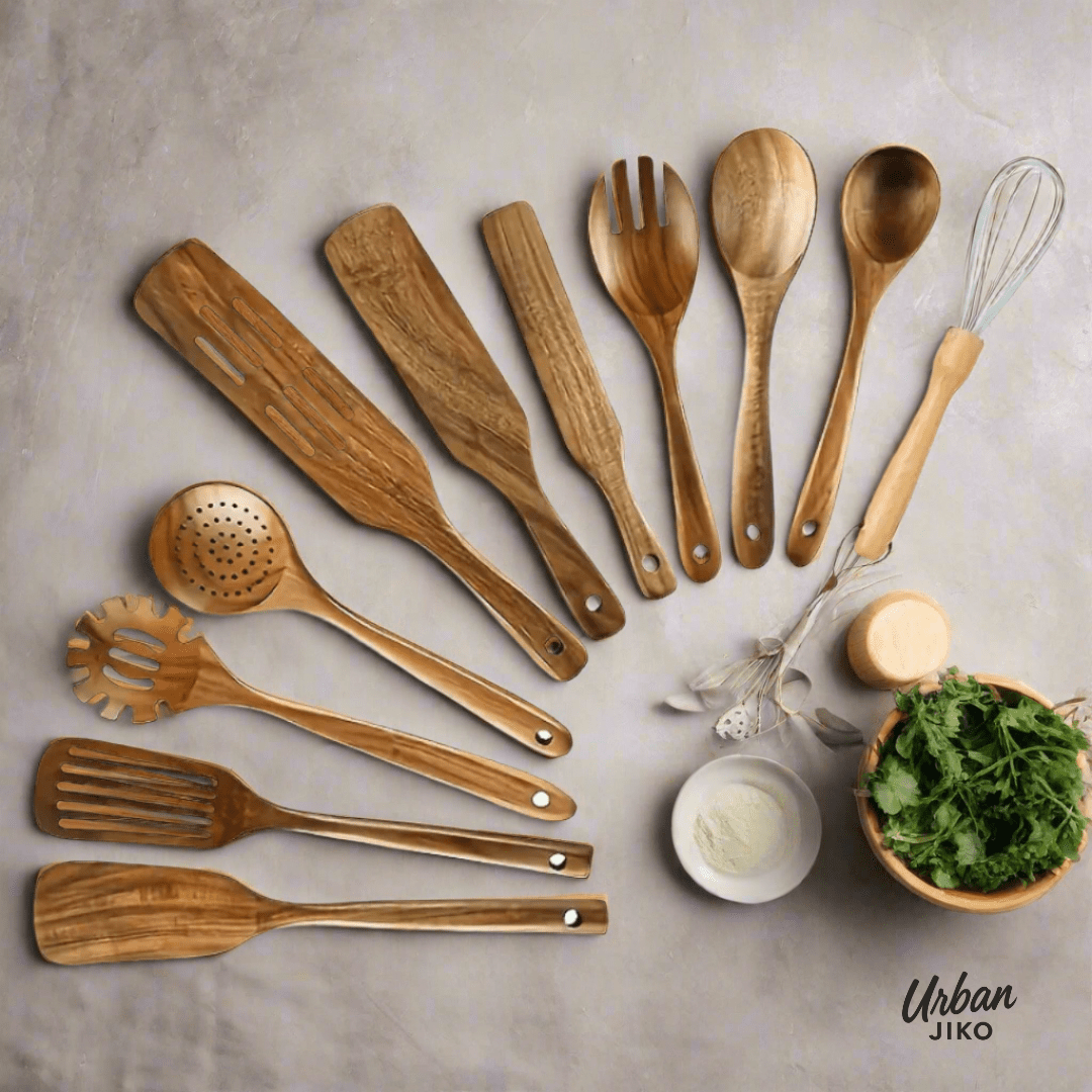11 - Piece Teak Wooden Utensil Set - Urban Jiko
