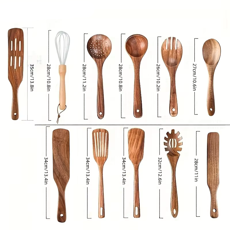 11-Piece Teak Wooden Utensil Set