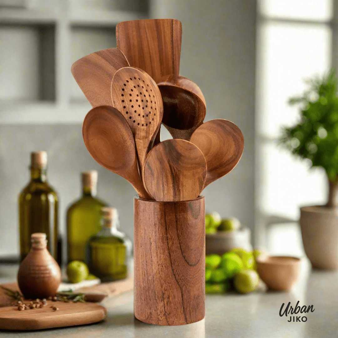 8 - Piece Teak Wooden Utensil Set (Holder Included) - Urban Jiko