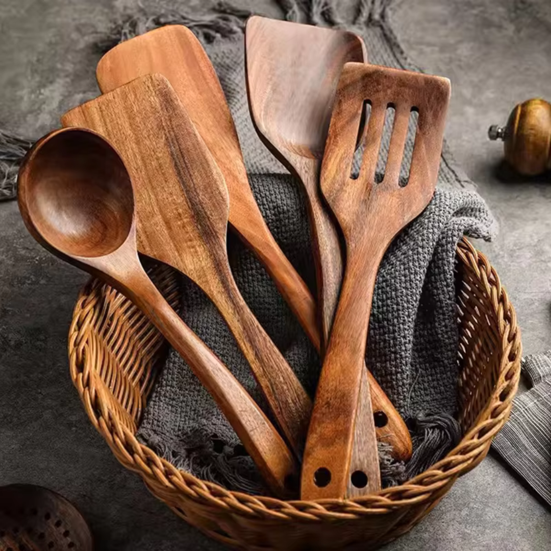 11-Piece Teak Wooden Utensil Set