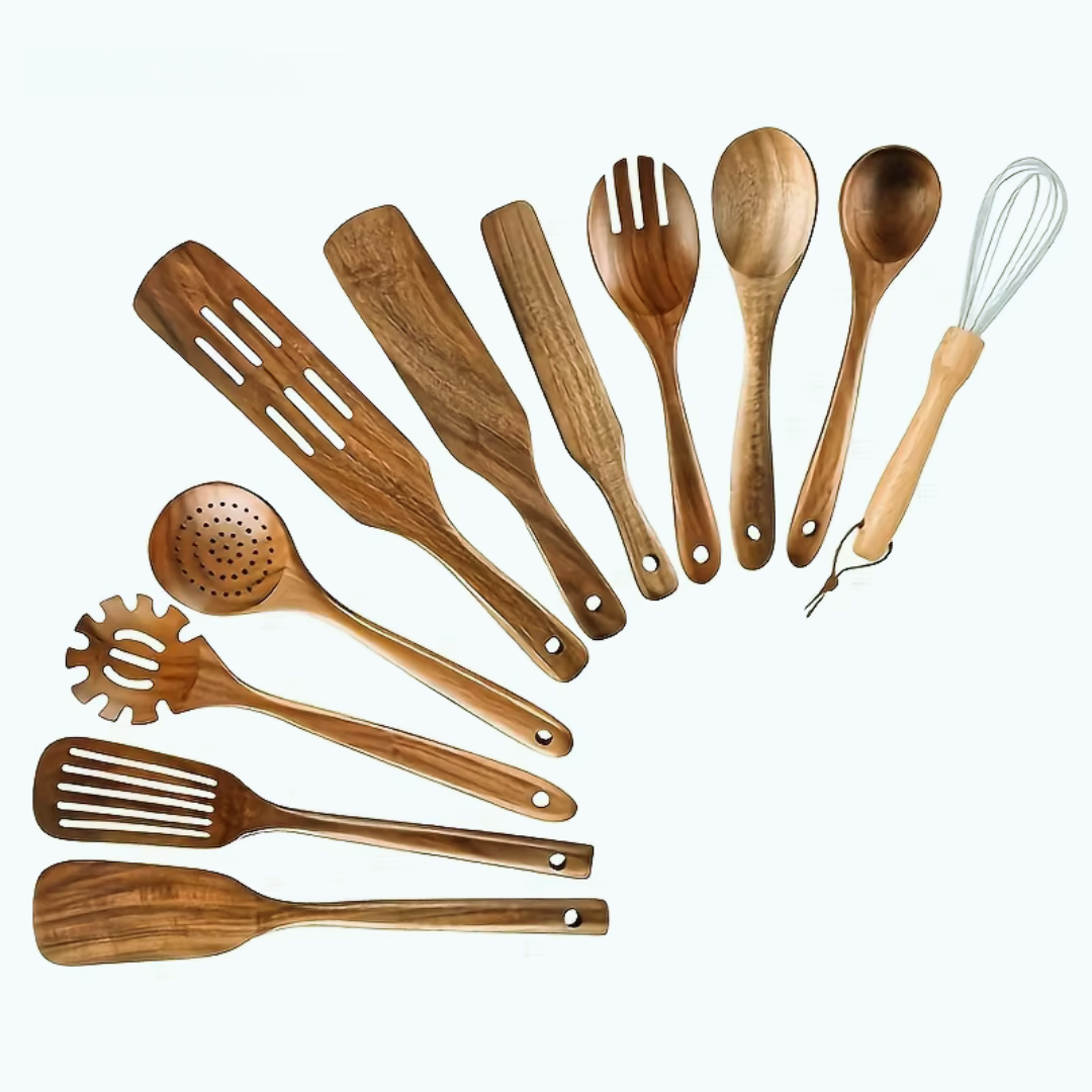 11-Piece Teak Wooden Utensil Set