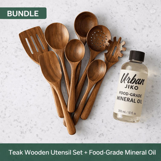 Teak Wooden Utensil Set + Mineral Oil Bundle - Urban Jiko