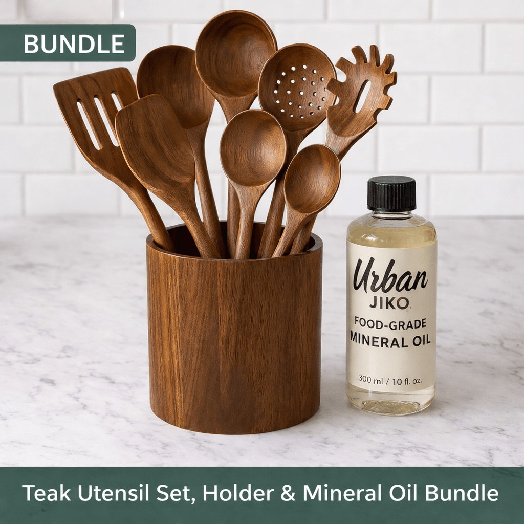 Teak Wooden Utensil Set with Holder + Mineral Oil Bundle - Urban Jiko