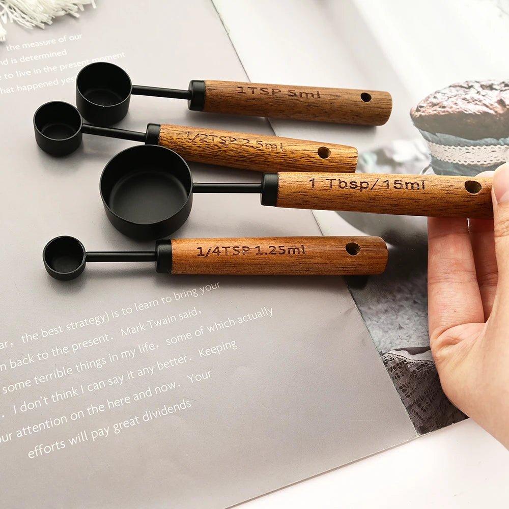 Walnut Wooden Measuring Set with Black Stainless Steel (8 Piece Set) - Urban Jiko