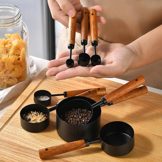 Walnut Wooden Measuring Set with Black Stainless Steel (8 Piece Set) - Urban Jiko