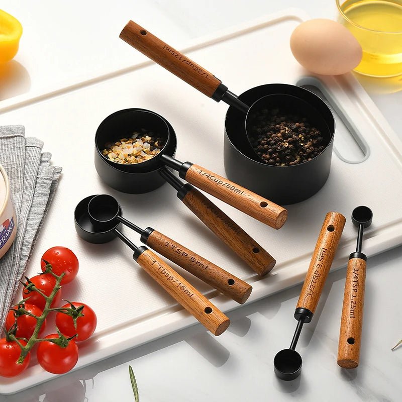 Walnut Wooden Measuring Set with Black Stainless Steel (8 Piece Set) - Urban Jiko