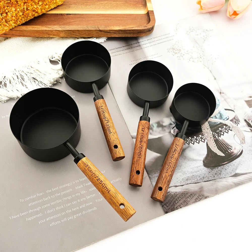 Walnut Wooden Measuring Set with Black Stainless Steel (8 Piece Set) - Urban Jiko