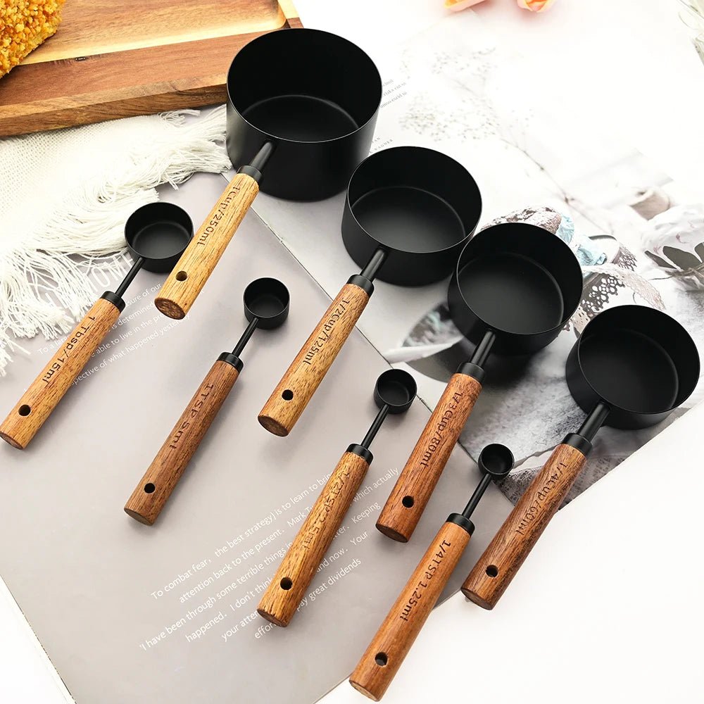 Walnut Wooden Measuring Set with Black Stainless Steel (8 Piece Set) - Urban Jiko