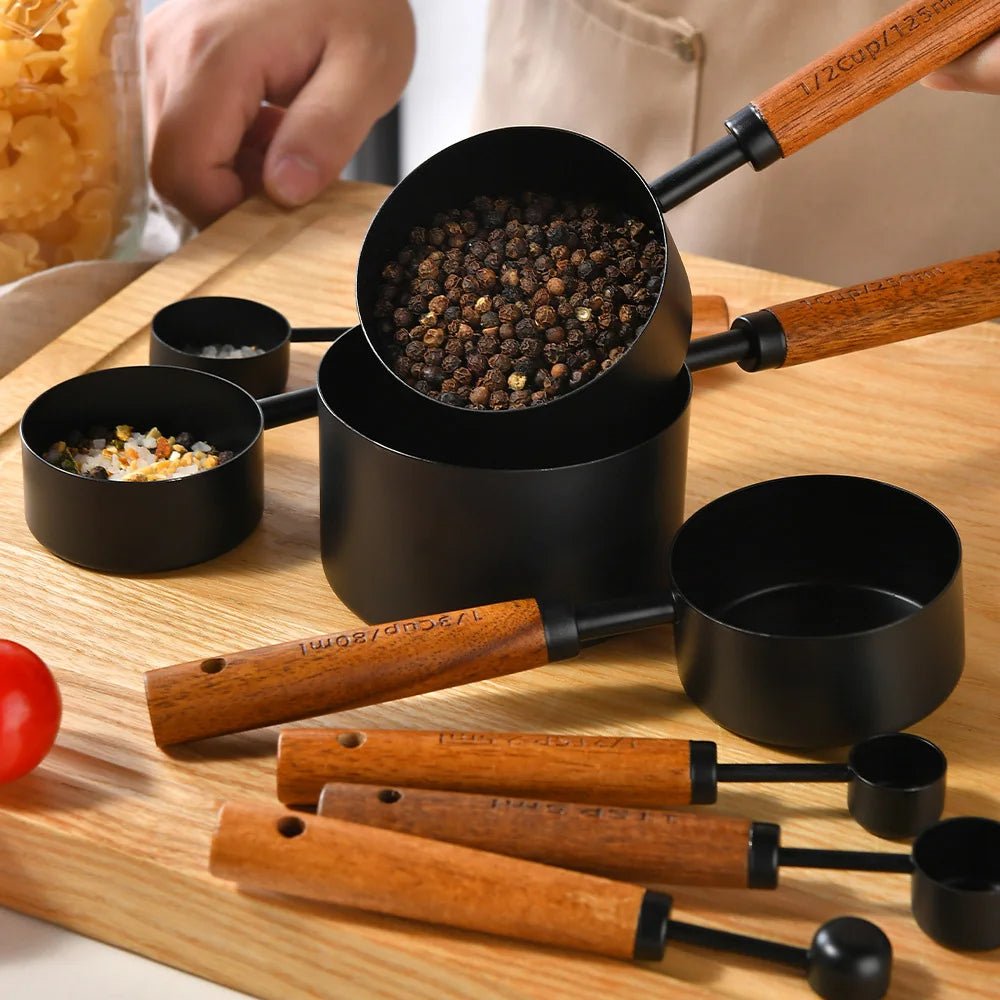 Walnut Wooden Measuring Set with Black Stainless Steel (8 Piece Set) - Urban Jiko